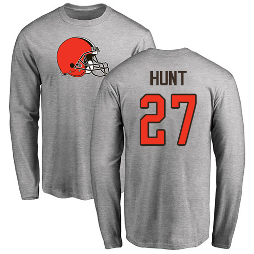 Men Cleveland Browns Kareem Hunt Ash Jersey #27 NFL Football Name and Number Logo Long Sleeve T Shirt->cleveland browns->NFL Jersey